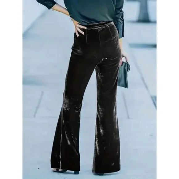 High Waist Velvet Flare Holiday Dressy Pants - Picture 2 of 15